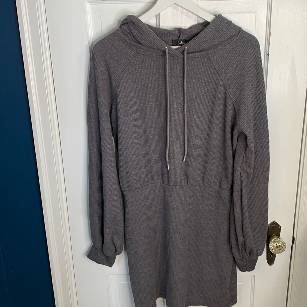 Lulus Upbeat Energy Heather Grey Waffle Knit Hooded Sweatshirt Dress W-829 Sz L - Picture 6 of 14
